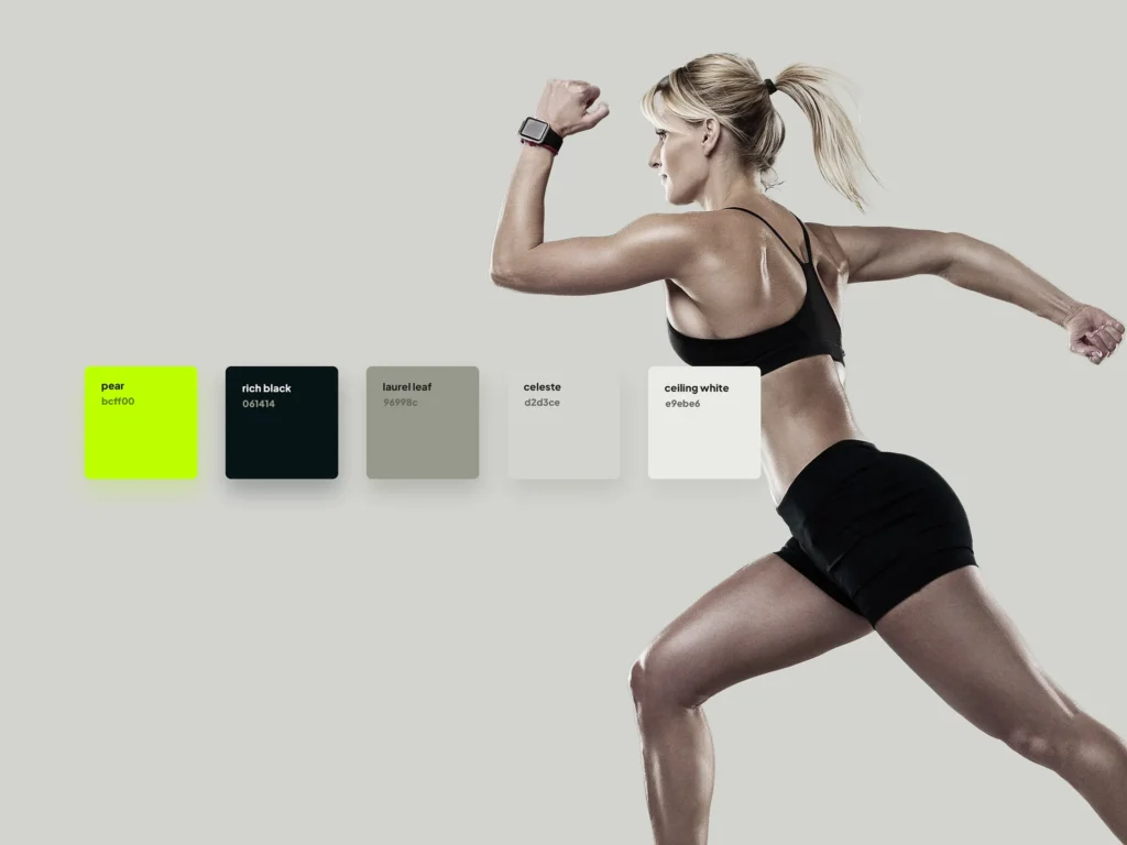 Color palette and design concept for fitness branding showing vibrant tones and gym-inspired visuals