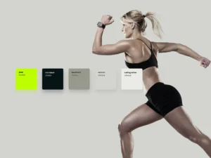 Color palette and design concept for fitness branding showing vibrant tones and gym-inspired visuals