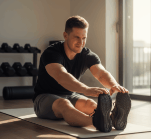 a person wincing slightly while stretching