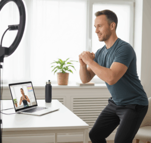 professional fitness coach delivering an online training session