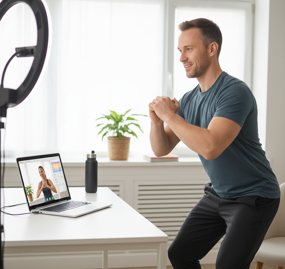 professional fitness coach delivering an online training session